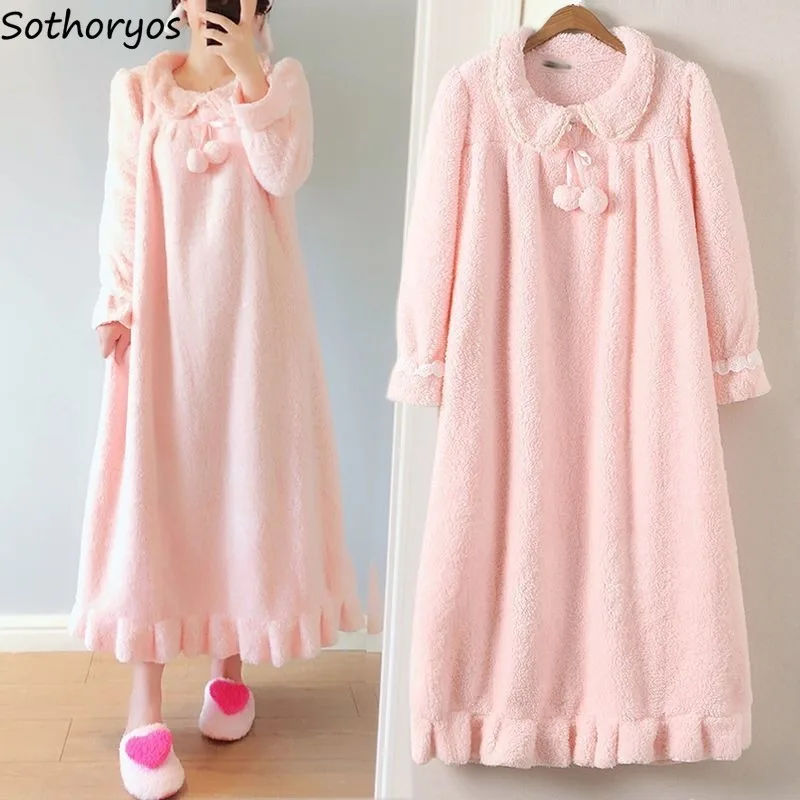 Long Loose Nightgowns Women Coral Fleece Velvet Thick Warm Winter Homewear Nightdress Baggy Solid Sweet Lovely Elegant Female