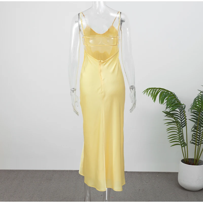 Women Solid Satin Sling Long Dress Casual Backless Sleeveless V-neck Pleated Gowns 2026 Summer Vacation Evening Party Robes