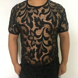 2023 Sheer Mesh Clothes Summer Men's Round Neck Lace Personality Elastic Tops Fashion Slim Ice Silk Fabric T-shirt