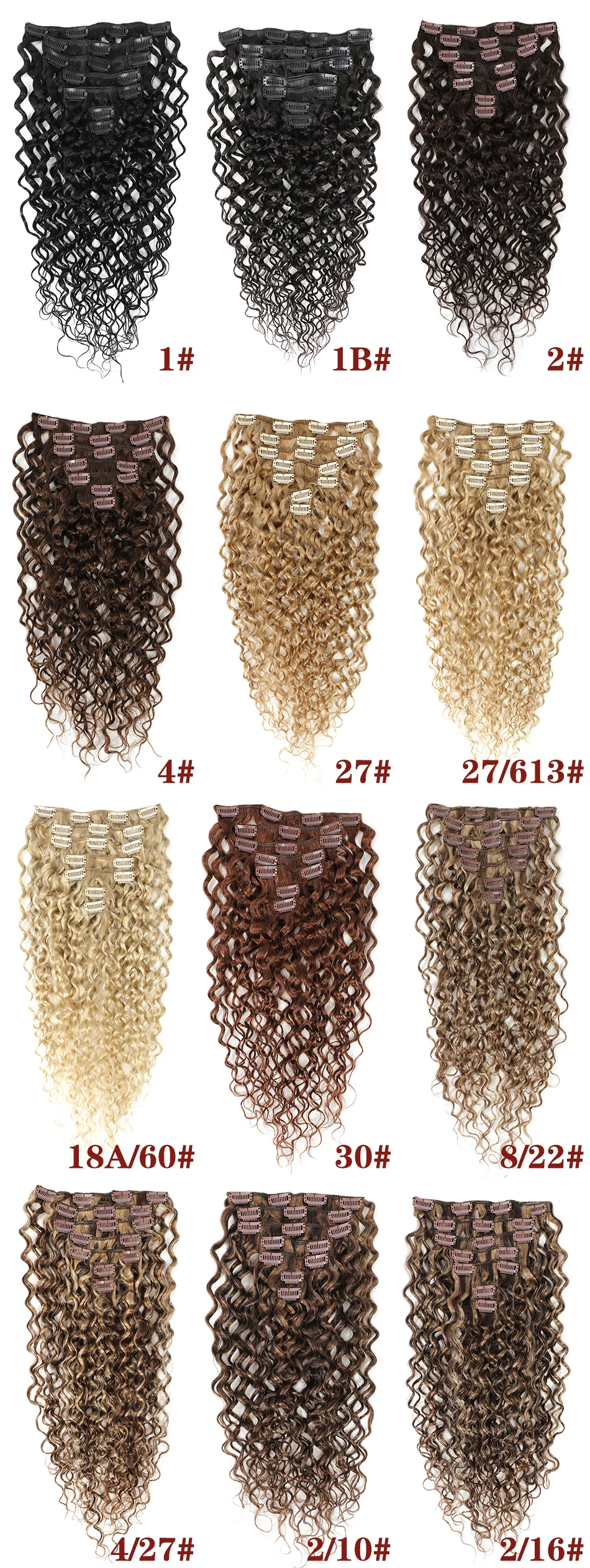 Wasserwellen-Clip-in-Haarverlängerungen, echtes menschliches Haar, 7 Teile/satz, kastanienbraun und gebronzierte blonde Highlights, lockige Clip-on-Haarverlängerungen – Detail 2