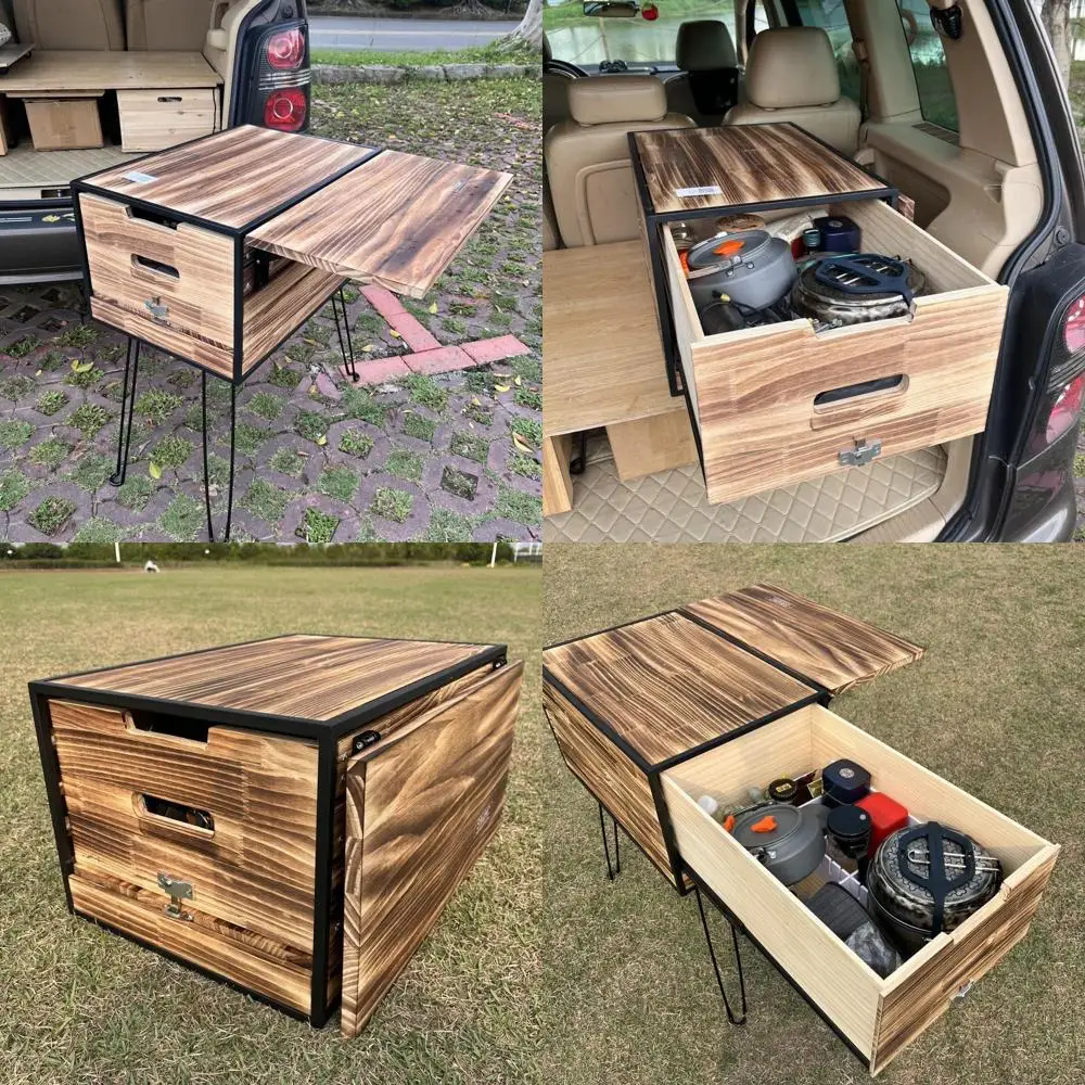 

All-in-One Camp Kitchen Box Car Camping Cooking Utensil Organizer Station Foldable Kitchen Box for Solo Van Camping Road Trip