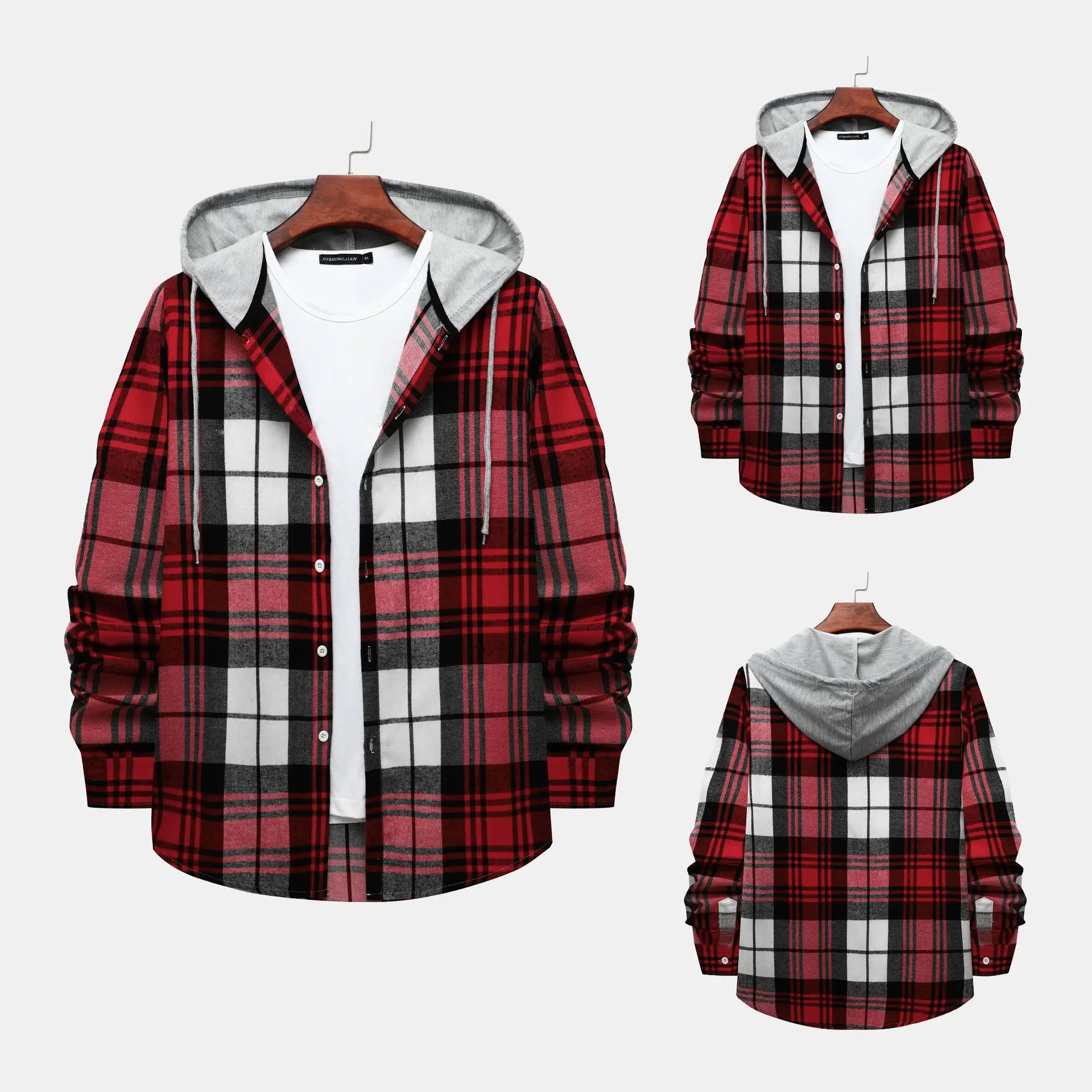 Men\'s Hooded Plaid Shirt Jacket Casual Shirt Jacket