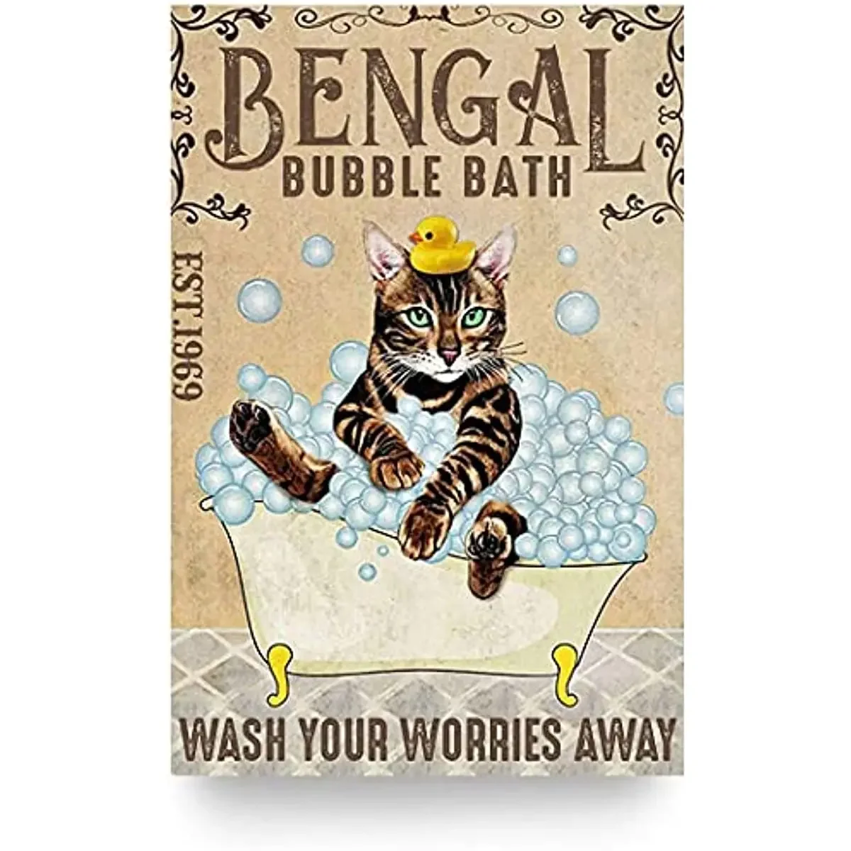 Bathtub Cat Retro Metal Tin Sign, Bengal Cat Bubble Bath Soap Foam Poster Vintage Toilet  Bathroom Wall Decoration Style Sign