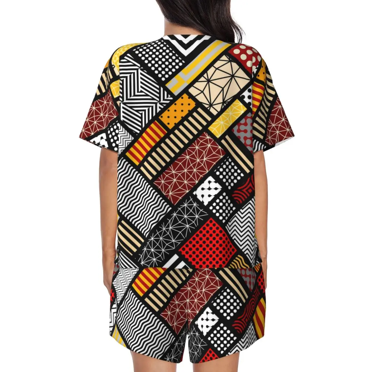 Vintage Tribal Pajamas Short Sleeve Abstract square Two Piece Aesthetic Pajama Sets Daily Woman O Neck Lovely Nightwear