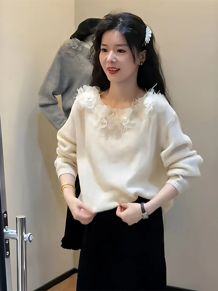 

Sweet Feminine Knitted Sweater round Neck 3D Flower Design Gentle Style Women's Spring Autumn Top Casual Comfortable Cotton