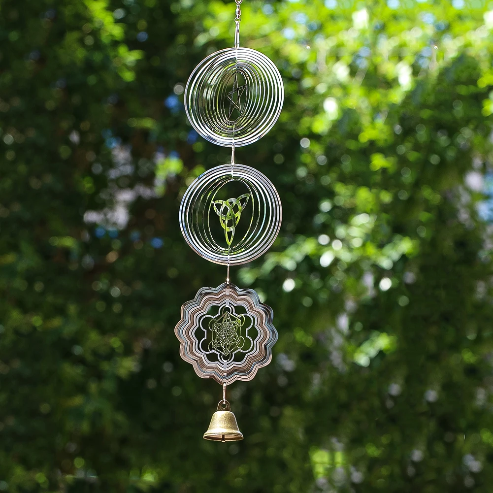 Sacred Geometry Celtic Knot Five Pointed Star Wind Chime Ornament Round Curved 3D Rotating Metal Bell Pendant Bird Repeller