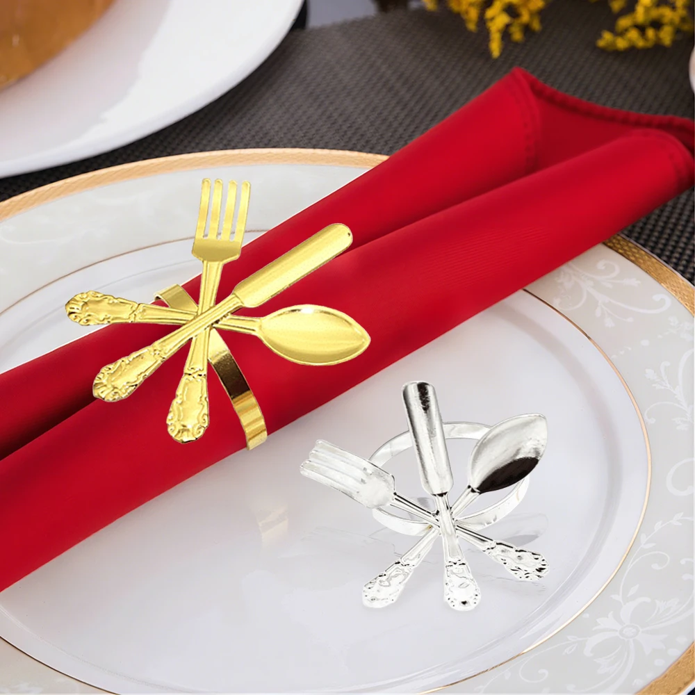 

20 шт., золотые, серебряные столовые приборы, кольца для салфеток, вилка, нож, держатель для ложки, набор, металлическая посуда, декор для свадьбы, элегантные обеденные аксессуары