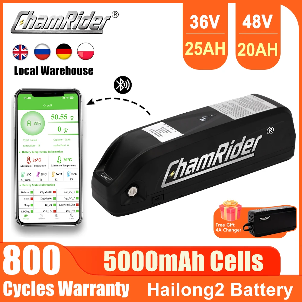 

Оригинальный аккумулятор для электровелосипеда Chamrider Hailong2, Bluetooth, BMS, 36 в, 25, ah48в, 20 ач, литиевая батарея 500 вт, 1000 вт, батарея для велосипеда 21700