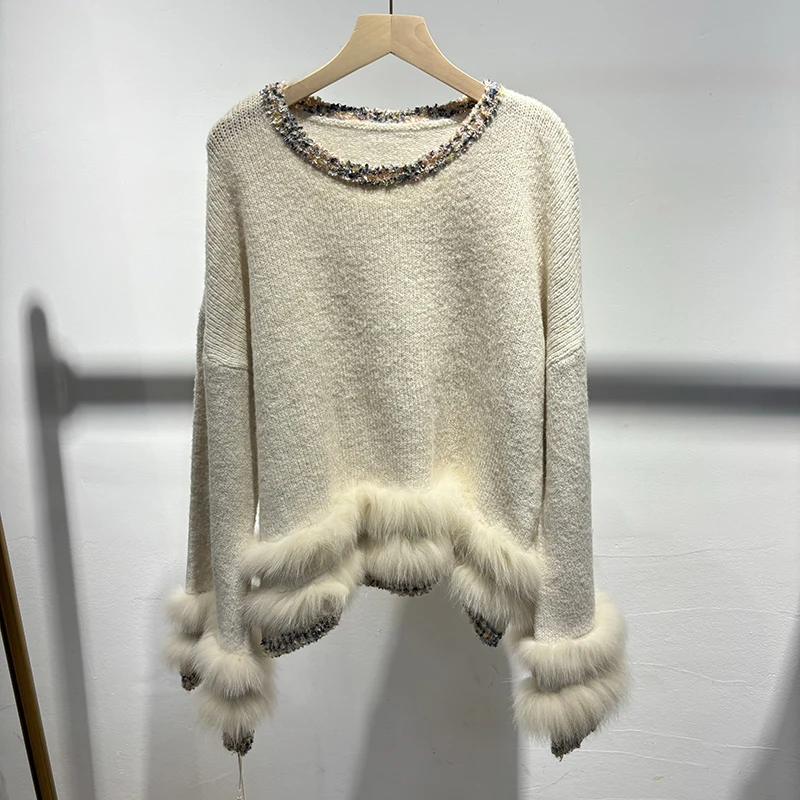 

2025 Women Winter Thick Grey Natural Fox Fur Girl Autumn Sweater Knitted Coat