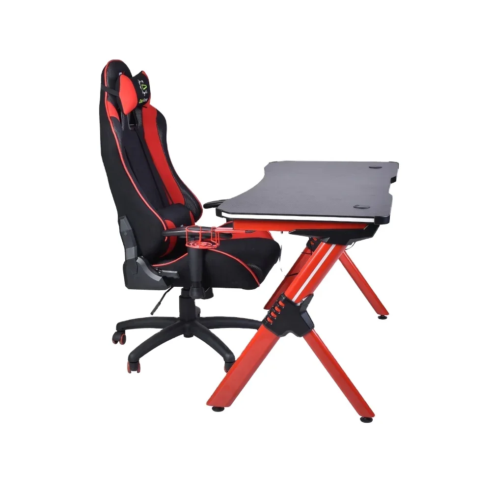 Gaming Computer Desk with Cup Holder & Headphone Hook Modern Wooden PC Gaming Table Metal Legs Office Use Red Desks Leg