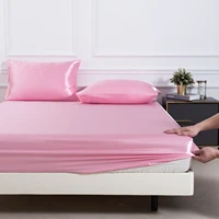 3pc Solid Color Fitted Sheet Set 1 bed sheet with 2 pillow cover Satin Fabric Soft Comfortable Breathble Bedding Set for Bedroom 5