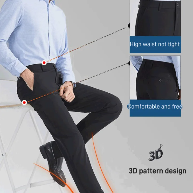 Calças casuais elásticas de seda gelada masculina com tecido durável antiestático, cintura elástica solta calças confortáveis e amigáveis à saúde