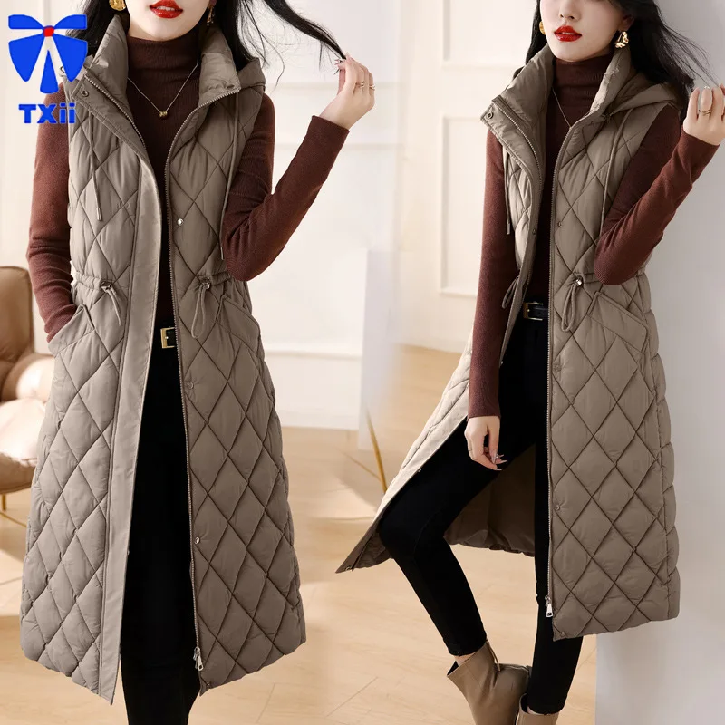 Cotton Vest Women's Over Knee Long Vertical Collar Living Hat Slim-fit Elegant Korean-style Diamond Plaid Autumn and Winter