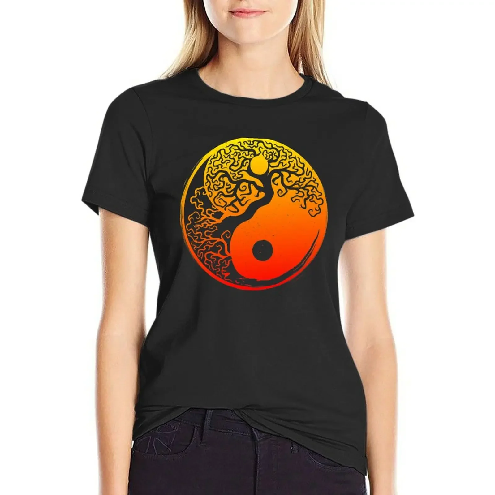 

Yin Yang Symbol Spiritual Tree Day and Night Circle T-shirt Short sleeve tee Female clothing t-shirt dress for Women long