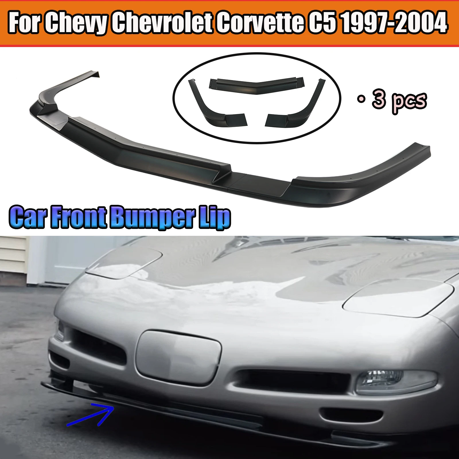 Car Front Bumper Lip For Chevy Corvette C5 1997-2004 Spoiler Splitter Body Kit Glossy Black Carbon Fiber Style ABS Plastic