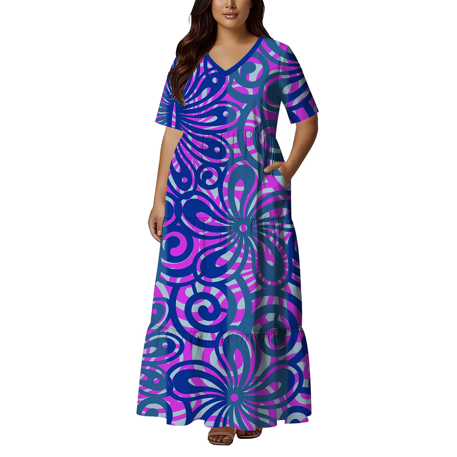 Pocket Design Summer Women'S Polynesian Tribal Design Casual V-Neck Short-Sleeved Loose Dress Fiji Island Party Festival Dress