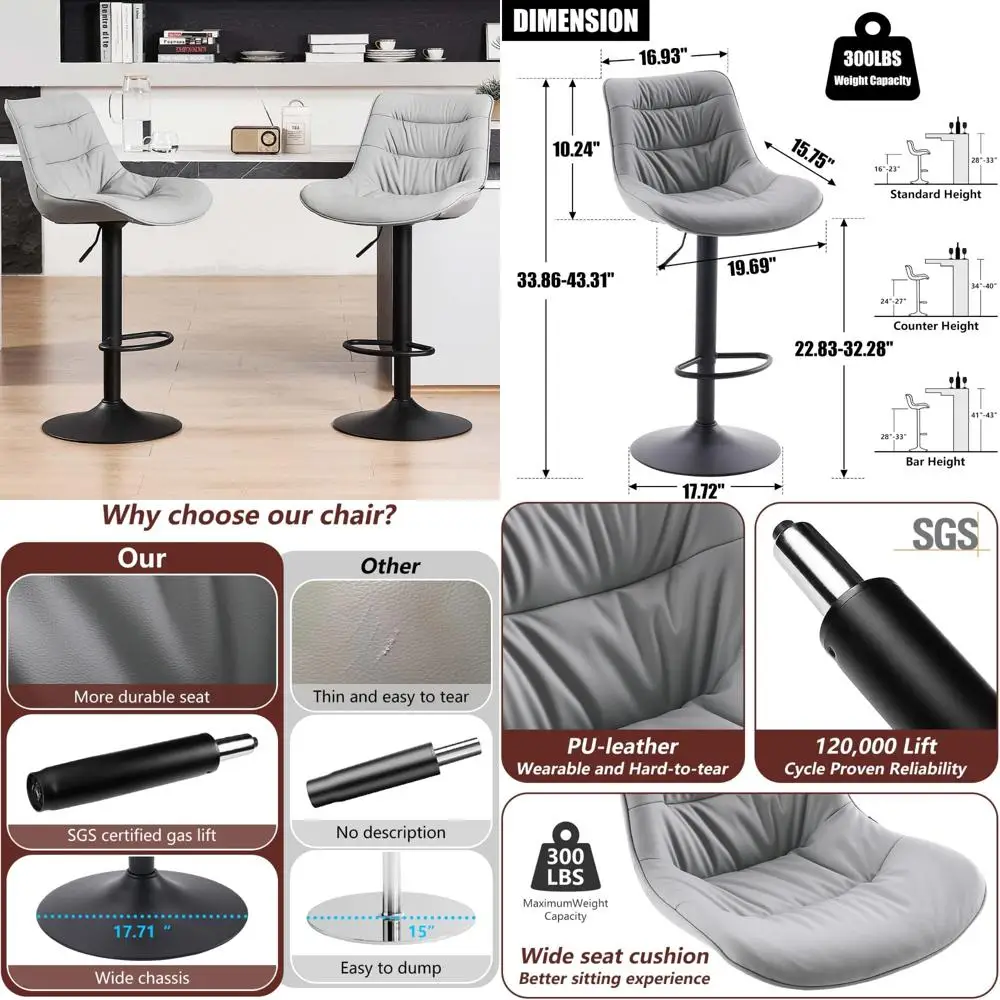 

Gray Adjustable Swivel Bar Stools Set of 2 with PU Leather Upholstery and Back Support for Modern Counter Height Seating