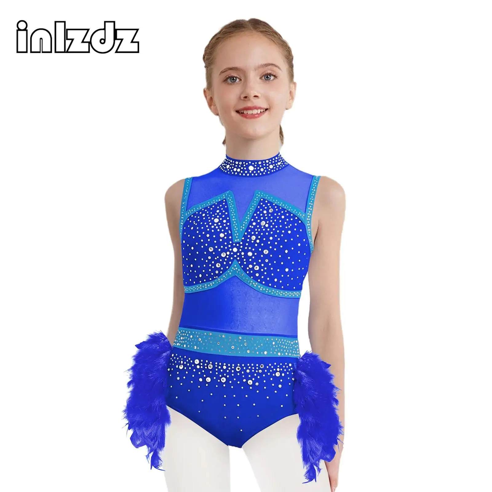 

Kids Girls Jazz Latin Ballet Dance Costume Cutout Back Rhinestones Leotard with Feather Skirt for School Show Performance Party