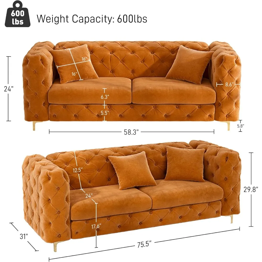 Modern Velvet Sofa for Living Room, 75 Inches Long Tufted Couch, Upholstered Sofa with 2 Pillows Wide Armrest and Metal Legs