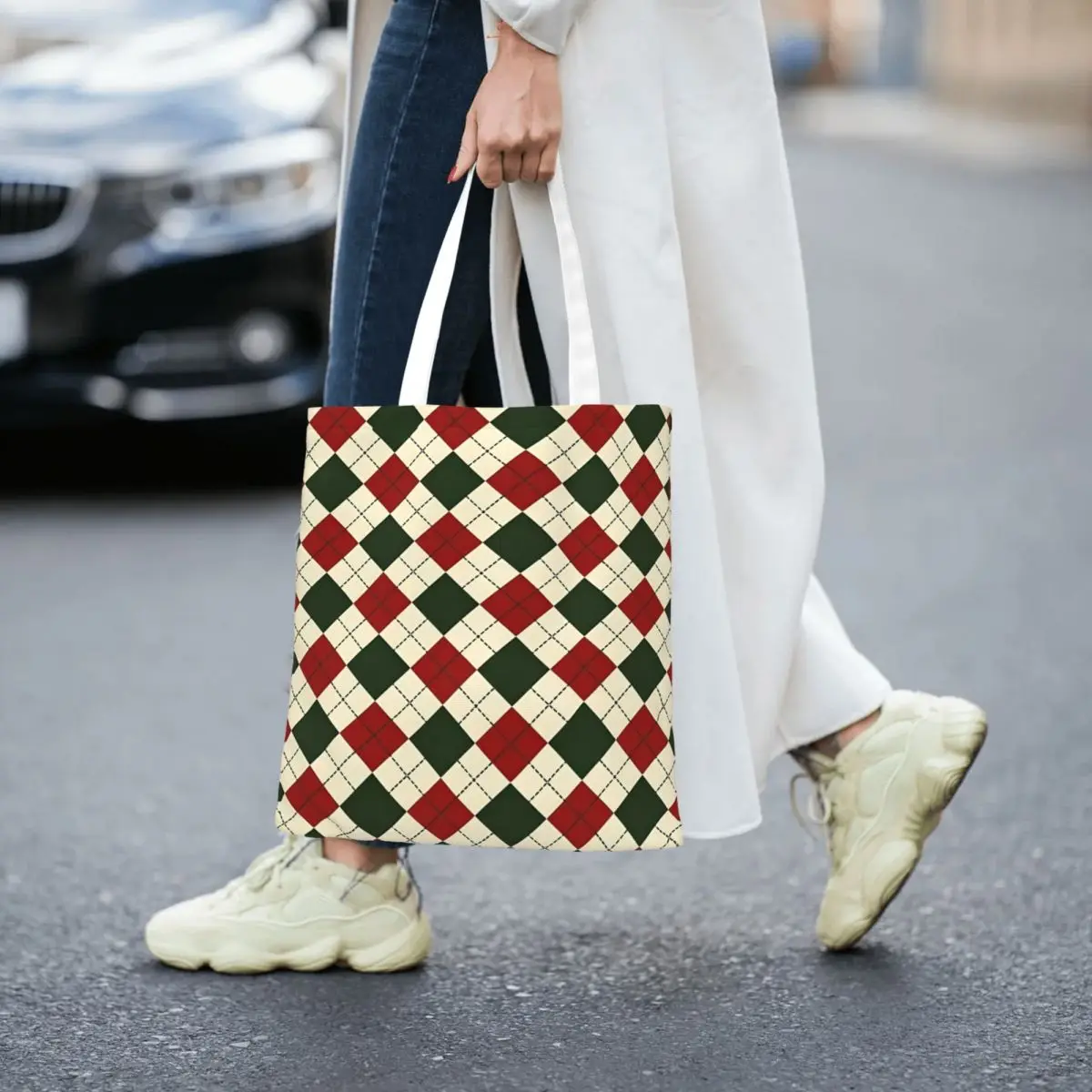 Bolsa tote de lona xadrez com padrão de Natal, sacola de compras de grande capacidade para mulheres