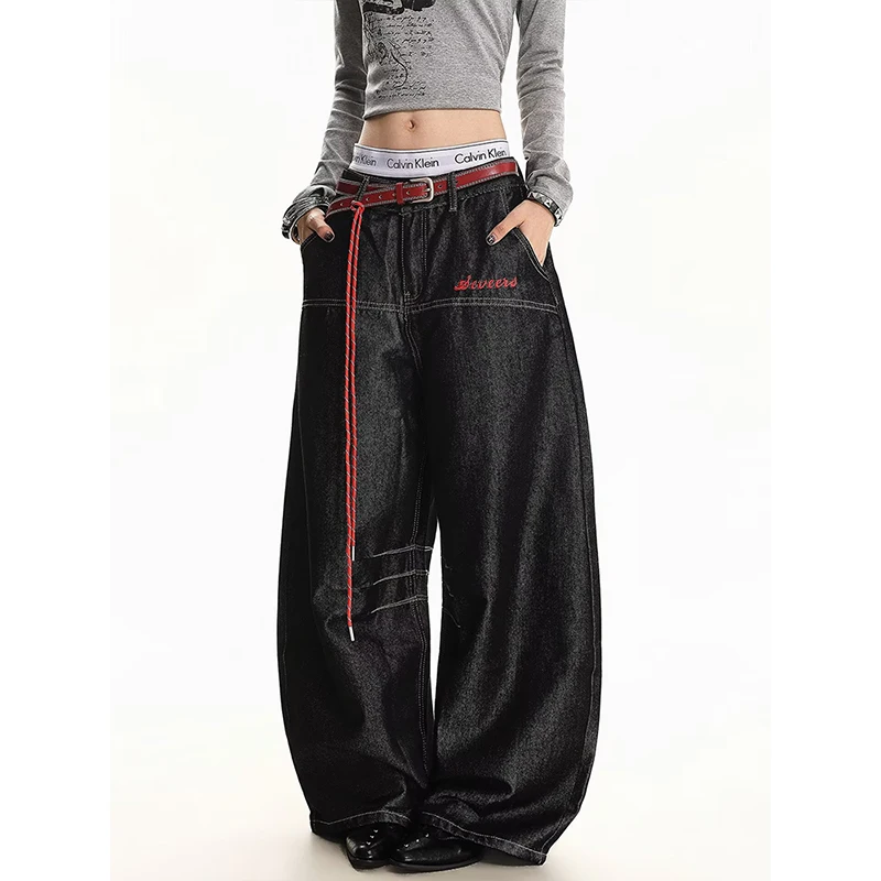 2026  American Retro Letter Embroidery Waist Cord Denim Jeans Women's Autumn New Loose Wide Leg Pants Natural Waist Button Closu