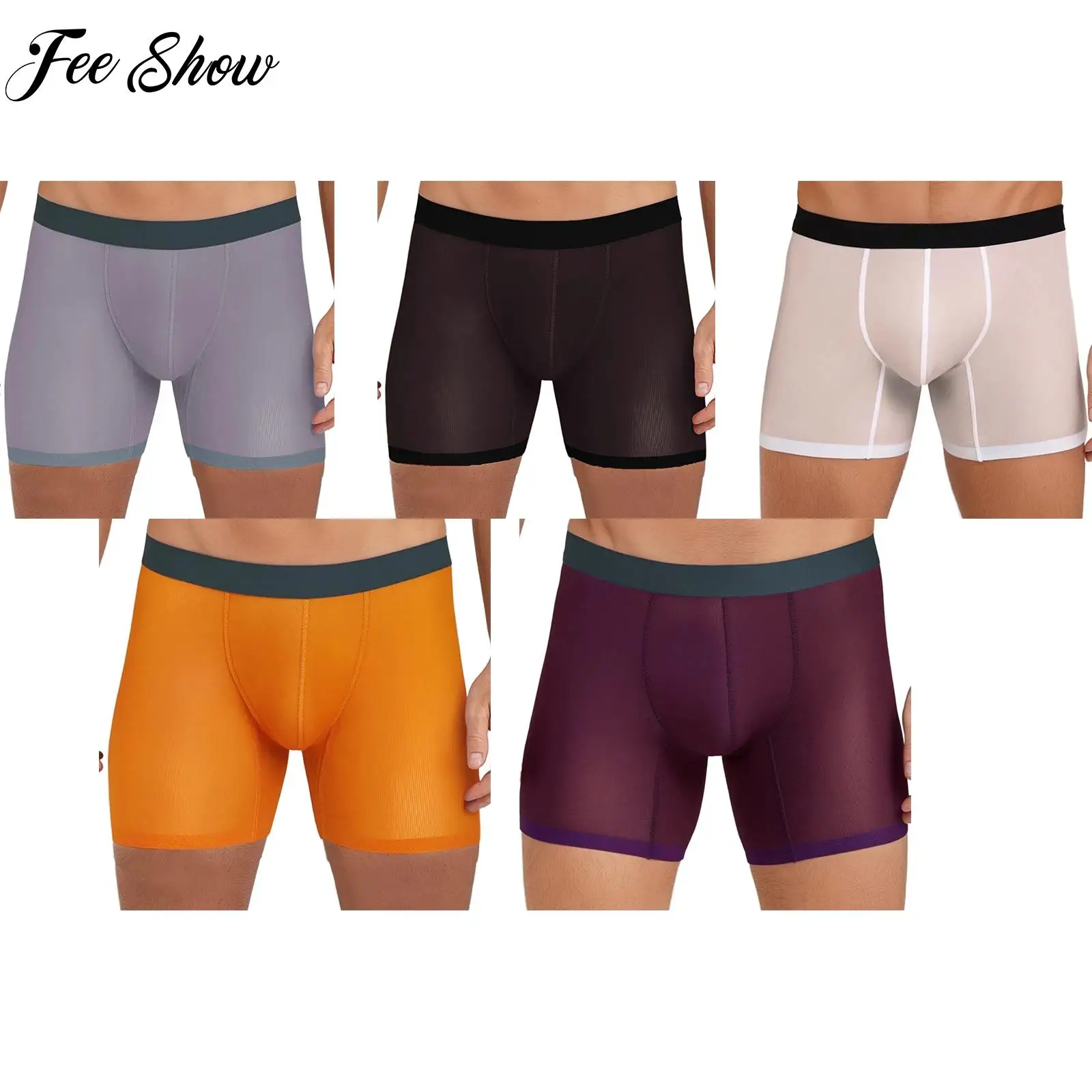 

2025 New Mens Activewear Soft Semi See-Through Ribbed Boxer Shorts Elastic Waistband Bulge Pouch Underpants Underwear Sportwear