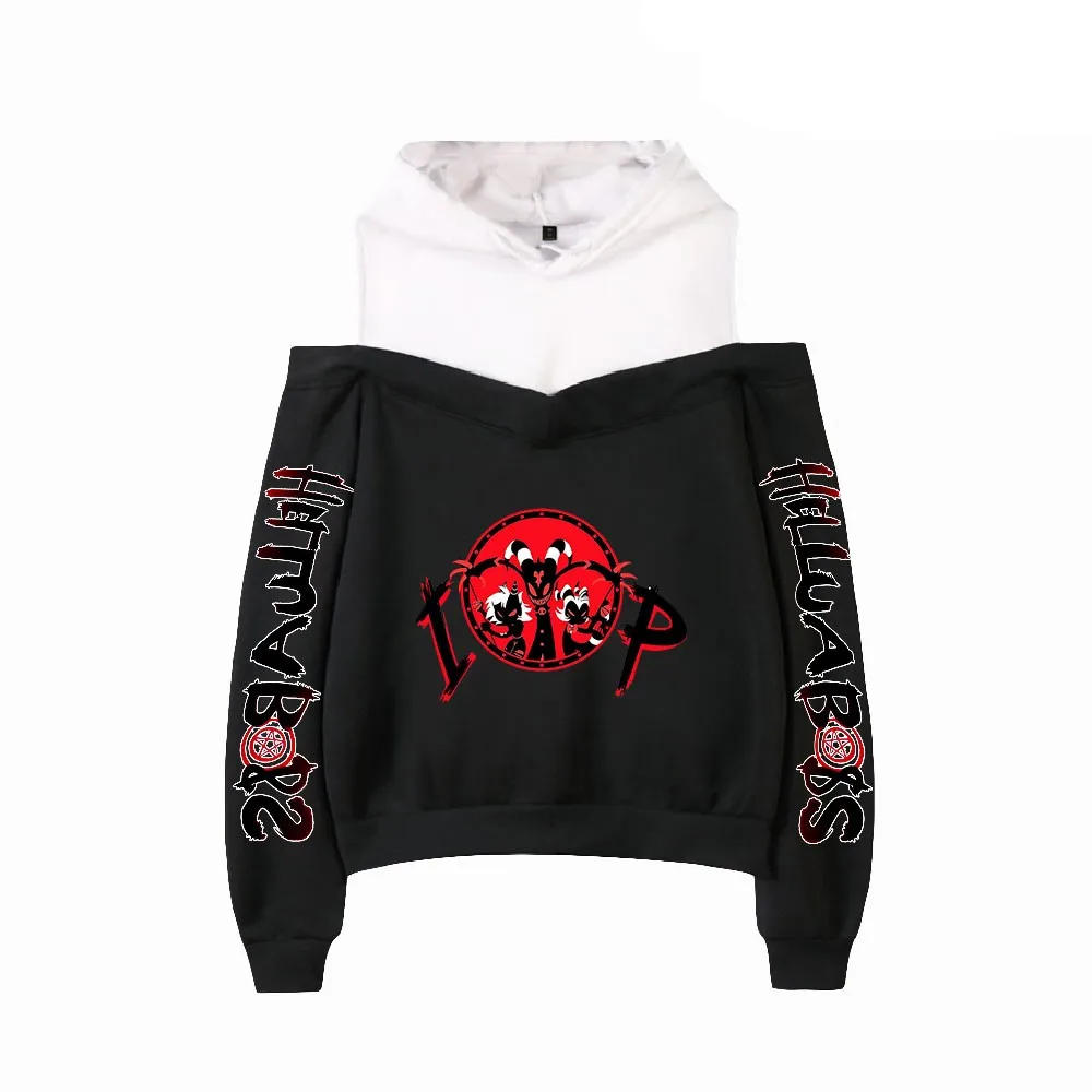 Sudadera con capucha de Helluva Boss para mujer, suéter con hombros descubiertos, sudadera Harajuku con estampado divertido de dibujos animados, jerséis femeninos sexys con hombros descubiertos