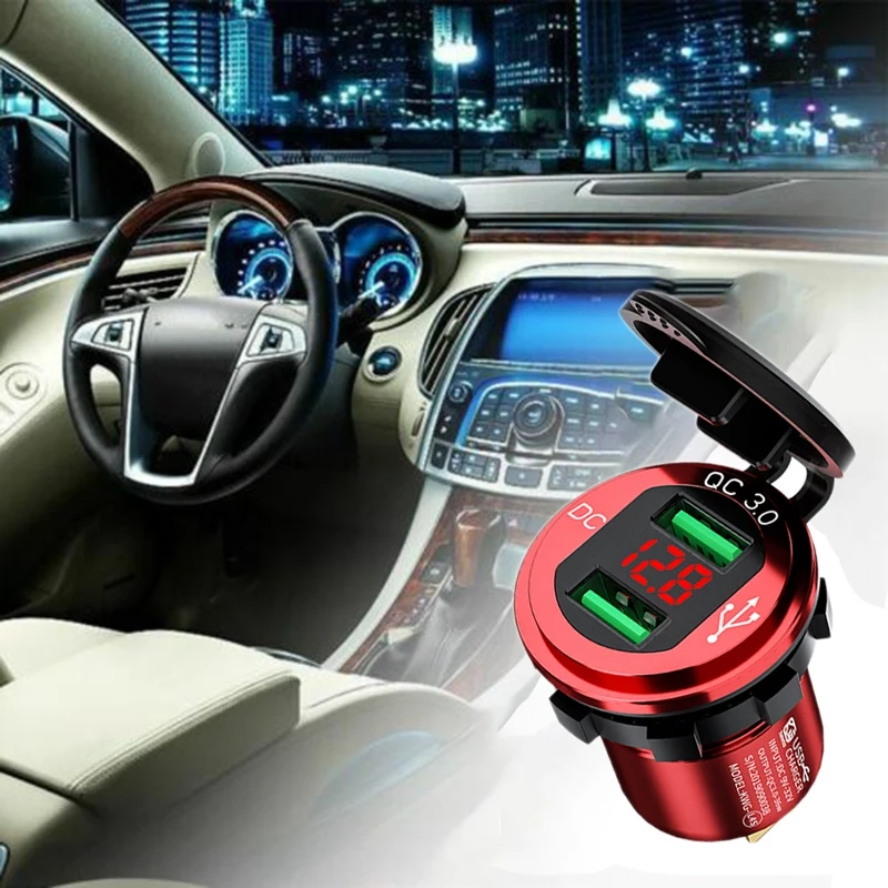 Kewig Car USB Charger QC 3.0A Dual USB Socket with Voltage LED Digital Display for Marine, Motorcycle, Truck, More Red