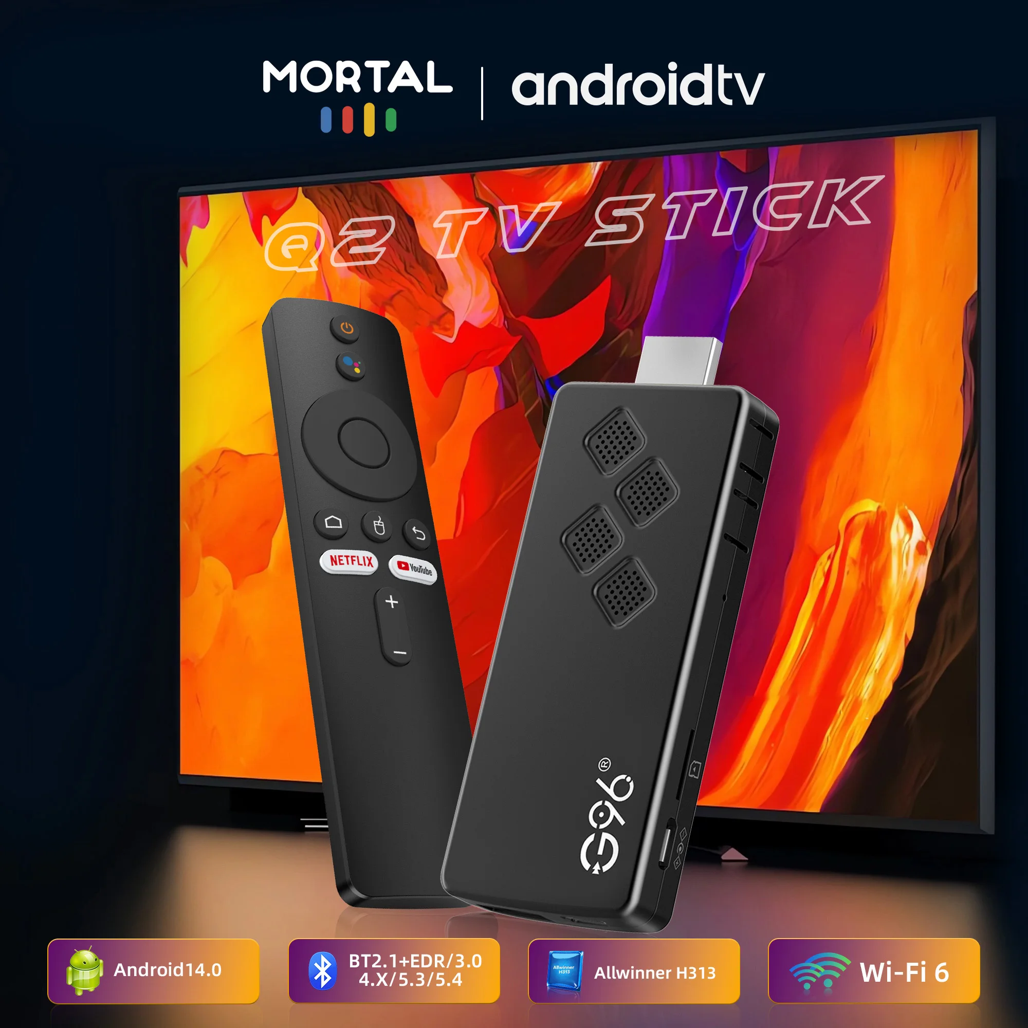 G96 TV Stick Smart TV Stick Q2 Android 14 Wifi BT5.0 Voice Remote Allwinner H313 4K HDR 10 NETFLIX Games Streaming Media Player
