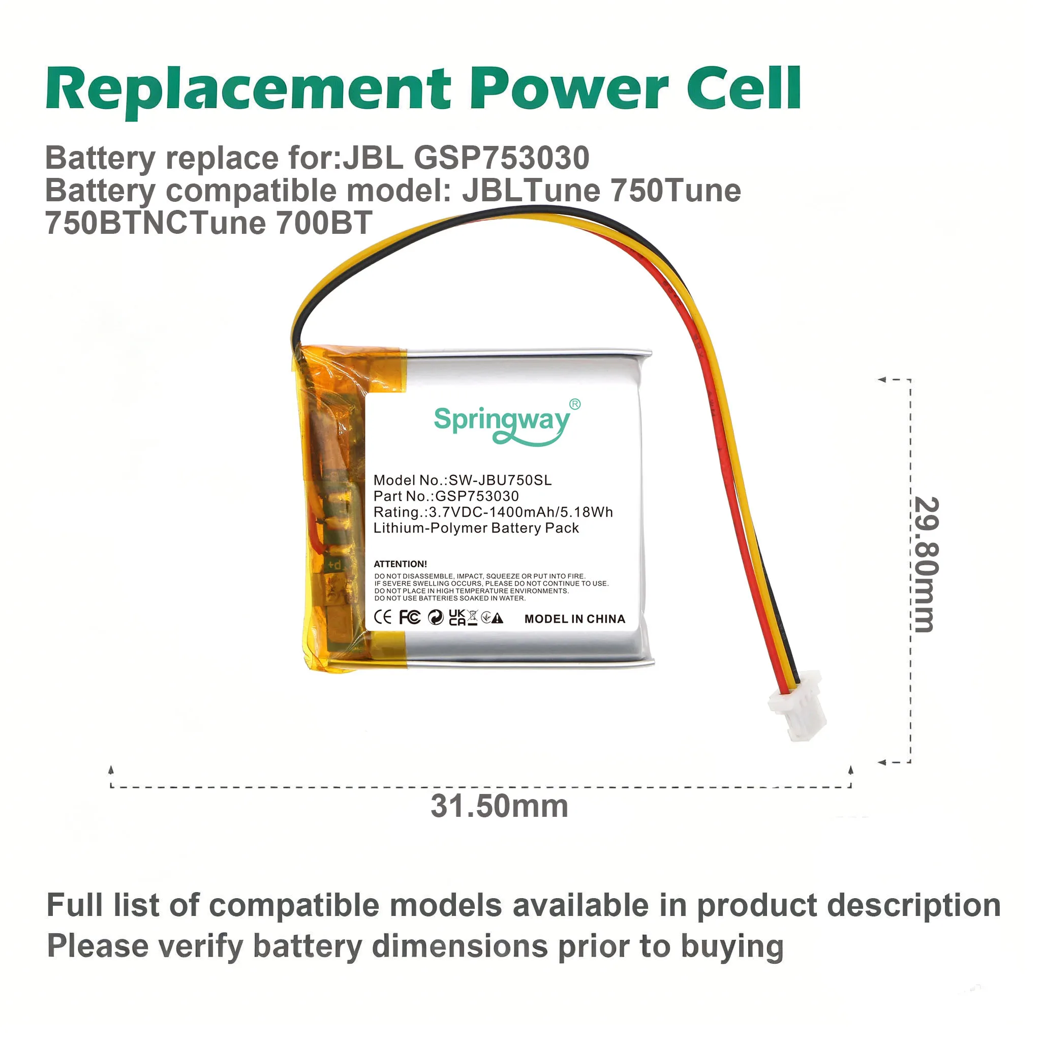 Replacement Spare Battery GSP753030 Springway 1400mAh For JBL Tune 750BTNC Tune 700BT Bluetooth Headset