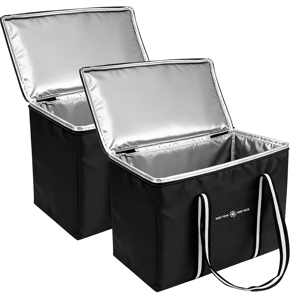 Food Delivery Bag, Large Durable Reusable Shopping Grocery Bag with Zipper – Foldable Thermal Cooler Bag for Hot & Cold Food,