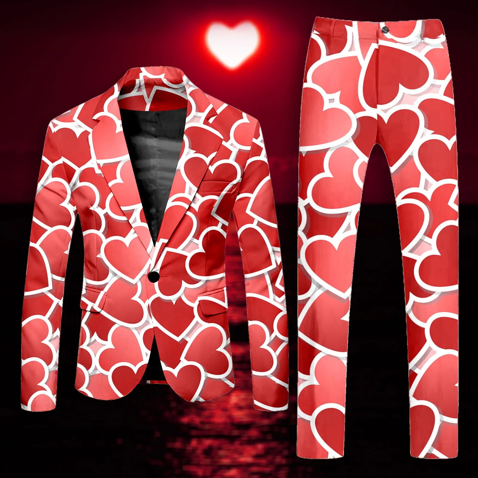 Valentine\'S-Day Suit Set Men\'S Two-Piece Dress-Pants Suit-Jacket Gift Core-Graphic Blazers Party Lover Slim Terno Masculino