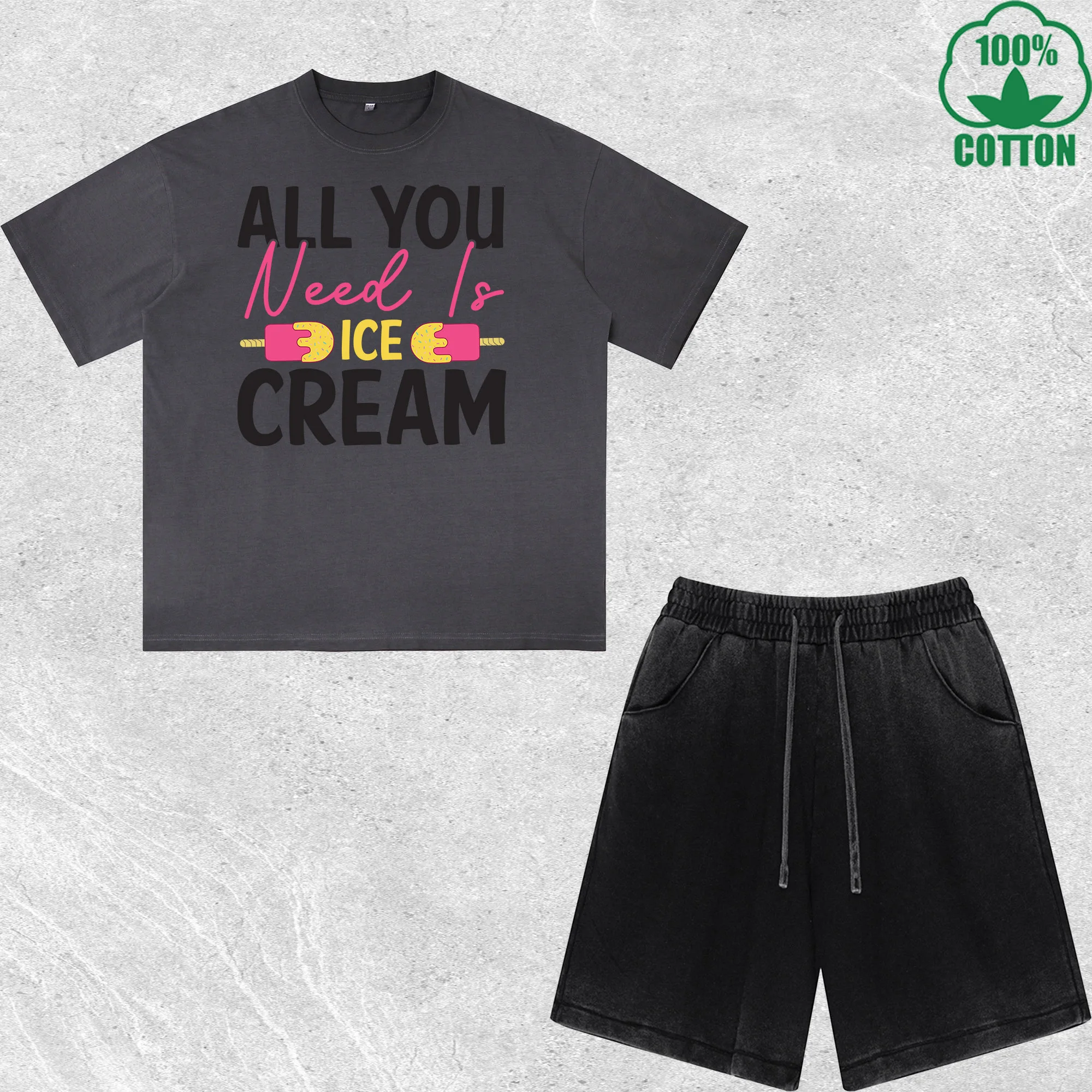 

All You Need Is Ice Cream Printed Dirty Wash T-Shirt Shorts Set Multicolor Combo Loose Trendy Fashionable 100%Cotton