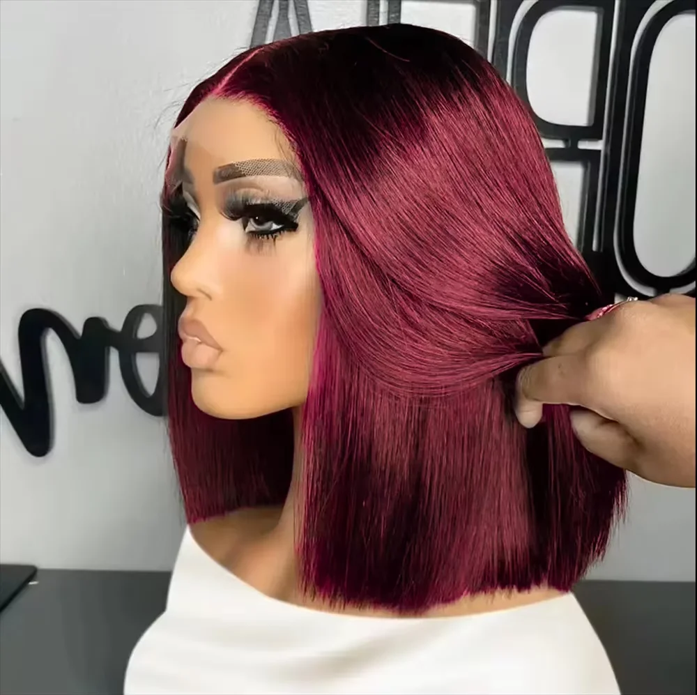 220% densidad 99J Borgoña Bob peluca 13x4 Hd encaje hueso recto peluca con malla frontal para mujeres vino tinto pelo brasileño Bob peluca cabello humano