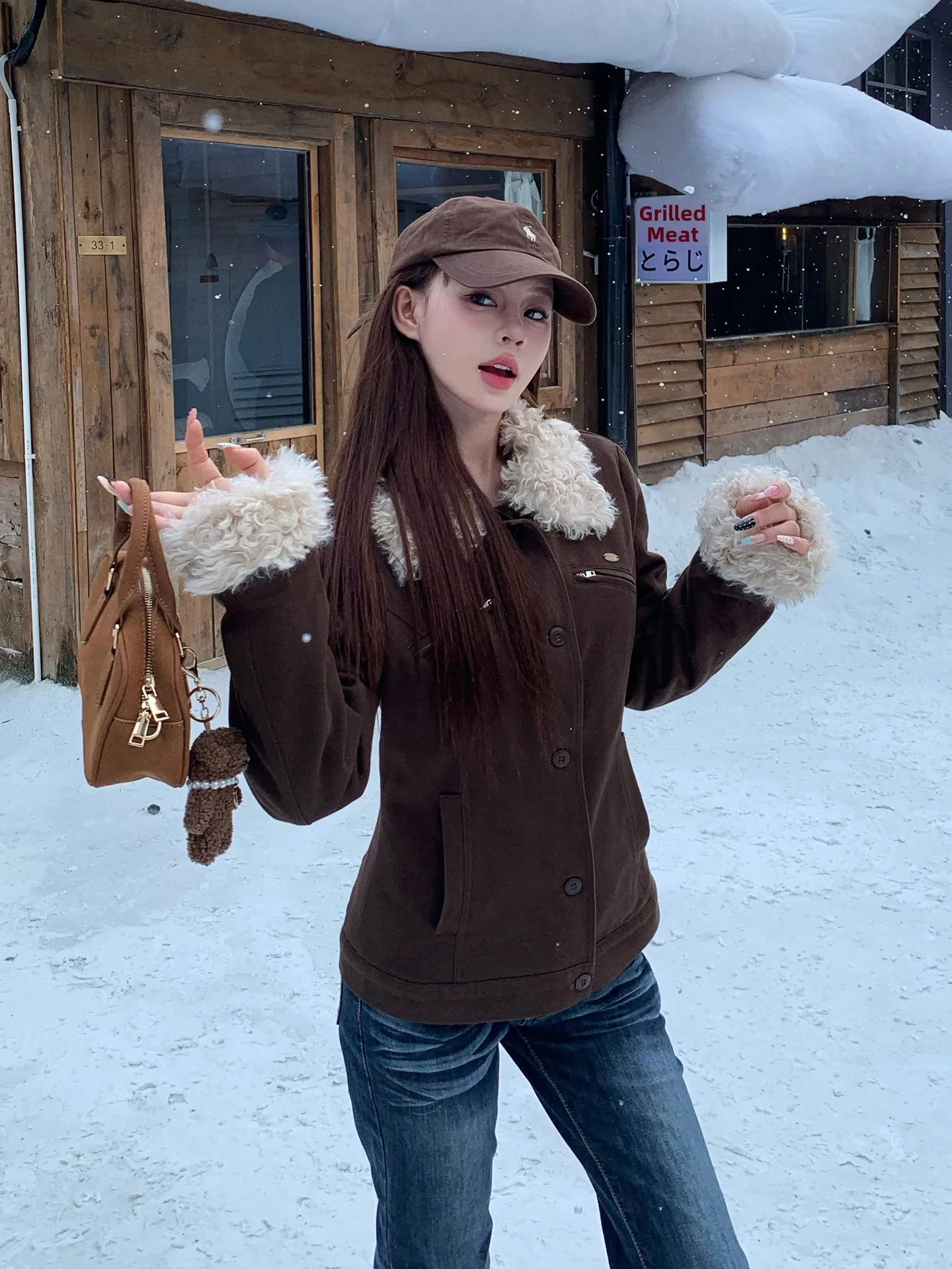 

Женское коричневое куртка с меховым воротником American Sle, приталенная зимняя верхняя одежда на хлопковой подкладке, теплое женское пальто