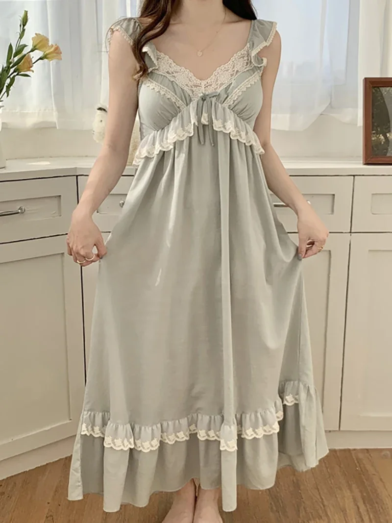 Korean Sweet Girl Lace Cotton Vintage Princess Nightdress Pajamas with Pad Fairy V-Neck Ruffles Nightgowns Victorian Sleepwear