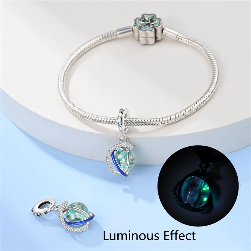 Original Charms Beads S925 Silver-Plate Luminous Planet Spacecraft Astronaut Firefly Charms Pendant For Woman DIY Jewelry Making
