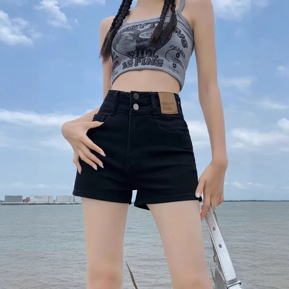 

High Waist Black Denim Shorts Women's Summer Casual Slimming Elastic Miniature Hot Pants A-Line Skort Commute Zipper Style