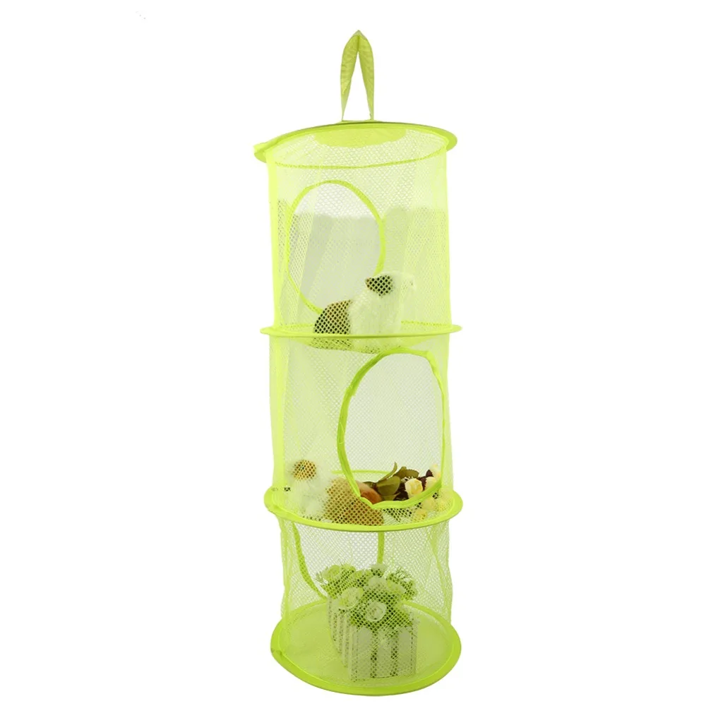 Foldable Mesh Storage Basket Breathable Polyester Hooks Included Toy Storage Basket 3-Tier Structure Space Saver