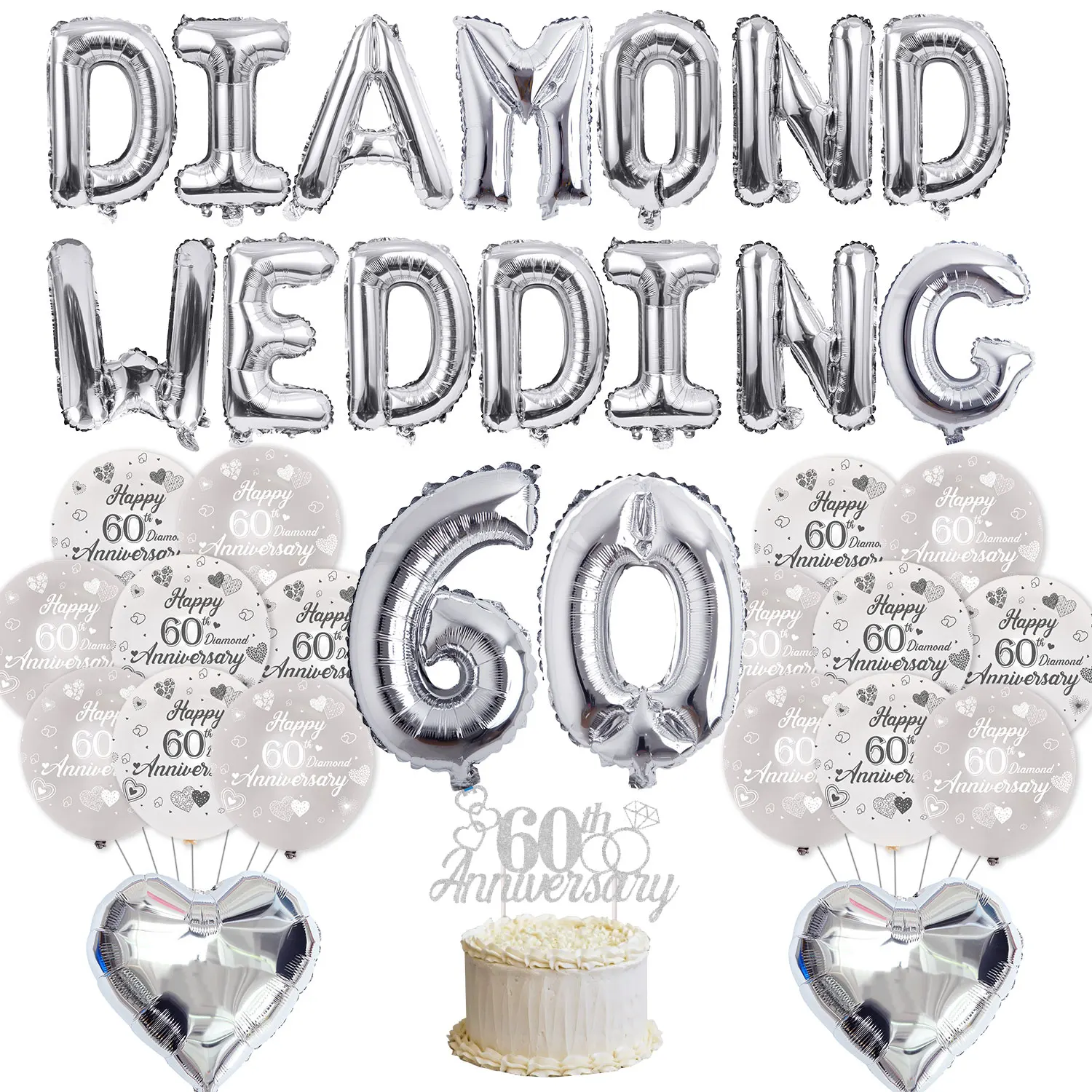 

Diamond Decorations with Balloon Set, Cake Topper, Silver Party Supplies, 60th Anniversary, Wedding