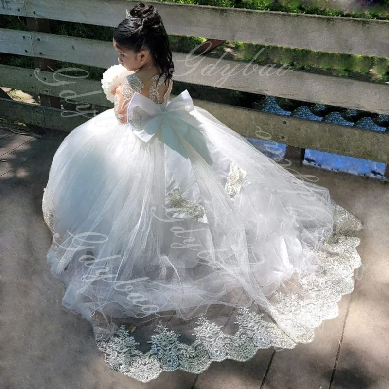 

Princess Flower Girl Dress for Wedding Toddlers White Lace Tulle First Communion Dress Long Sleeve Kids Pageant Party Ball Gown