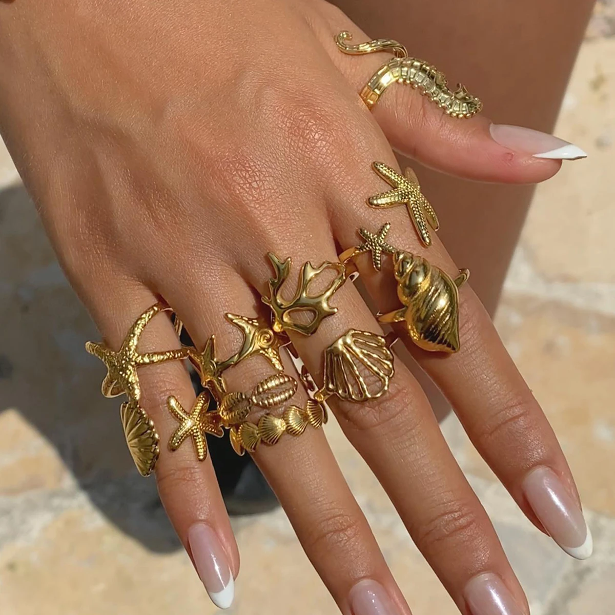 Zora-Anillo abierto de acero inoxidable con diseño de elemento oceánico, estilo bohemio de vacaciones, joyería resistente al agua de concha de estrella de mar chapada en oro de 18 quilates