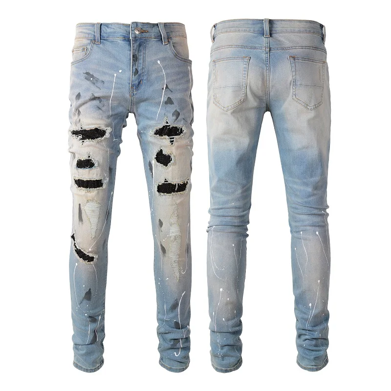 Blue High Street Holes Transparent Crystals Patchwork Stretch Slim Fit Rhinestones Patches Distressed Ripped Graffiti Jeans Men