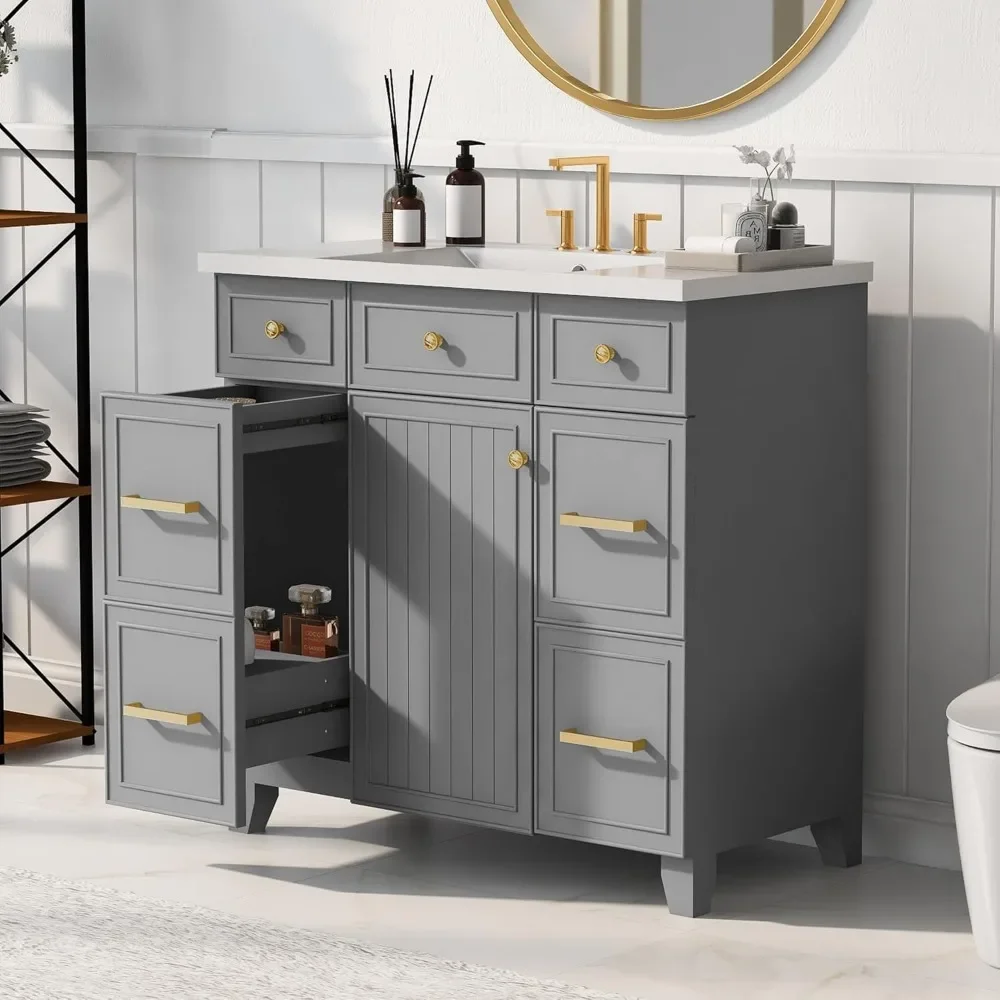 

Gray Cabinet, Single Sink, Shaker Cabinet with Soft Closing Door and Drawer, 36" Bathroom Vanity with Sink Top Combo Set