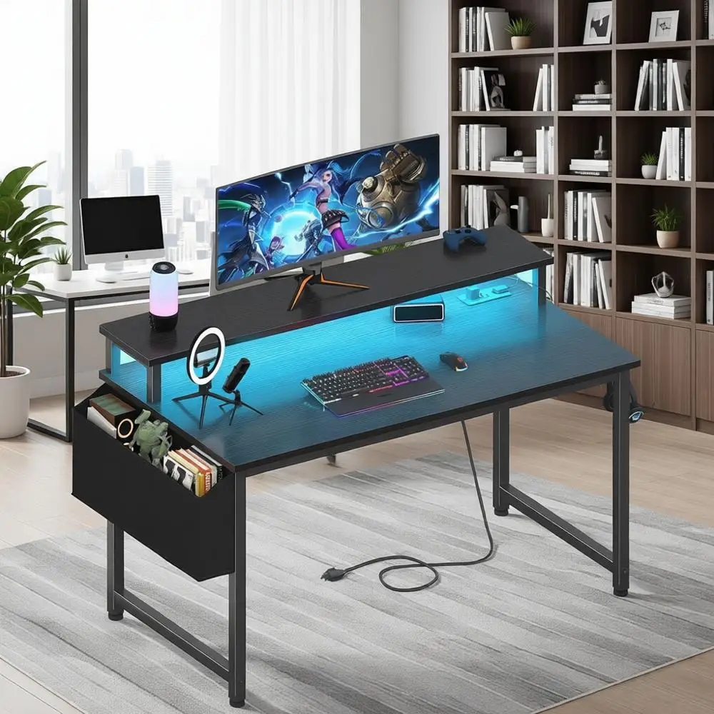 

Игровой стол со светодиодной подсветкой, розетками и USB-зарядкой, 40-дюймовый учебный стол для подростков, домашний офисный стол с подставкой для монитора