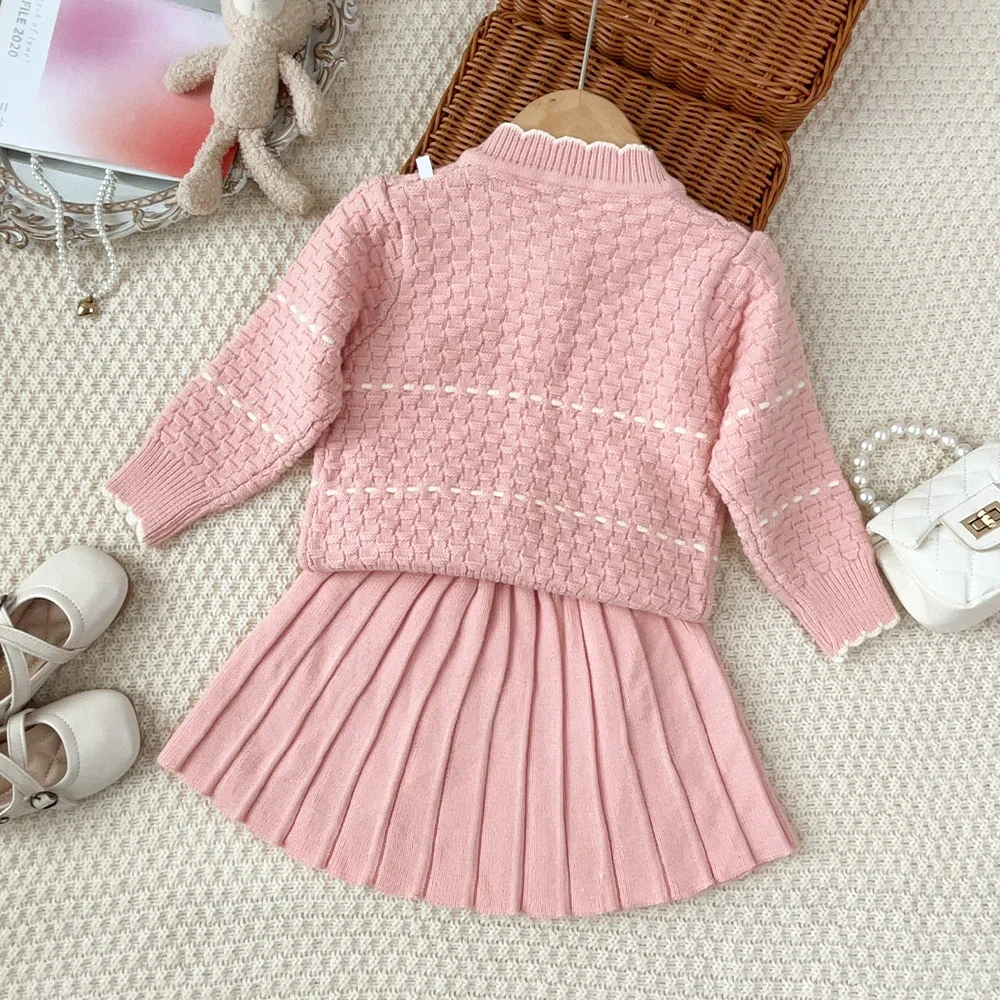 2-6 Jahre Altes Rosa Mädchen-Outfit für Herbst und Winter: Gestrickter Pullover + Plissierter Rock mit Cartoon-Häschen-Schleifendekoration Kinder-Set – Detail 9