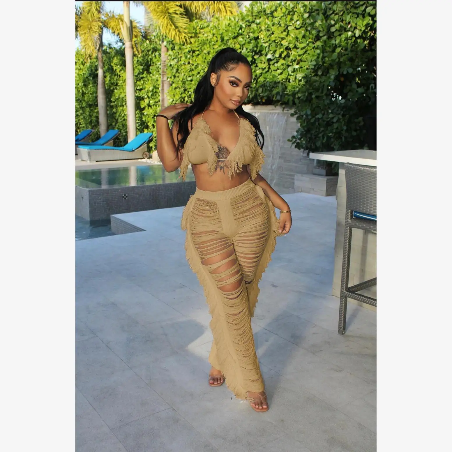 

Сексуальный вязаный пляжный комплект с вырезами и бахромой, прозрачные повседневные широкие брюки и шорты с завышенной талией в уличном стиле