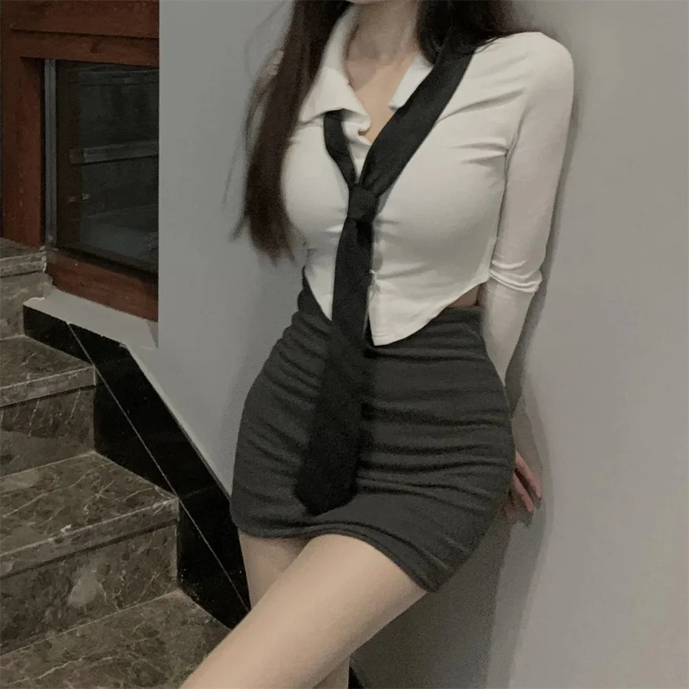 Sexy Solid Polo Neck Irregular Sweet Shirt Women Long Sleeve Summer Autumn Spicy Girl Slim Crop Top Jk Korean Fashion Blouse