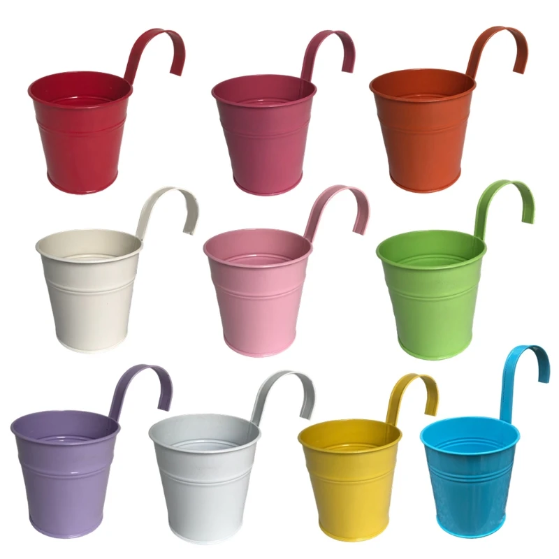 10Pcs Multicolor Metal Iron Hanging Flower Pots Succulent Bucket Countryside Plants Holders Balcony Herbs Planter with Hook for