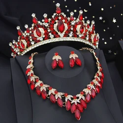 Luxury Red Crown with Jewelry Sets Paved Shining Tiaras Necklace Earrings Sets for Bridal Wedding Prom Costume Accessory